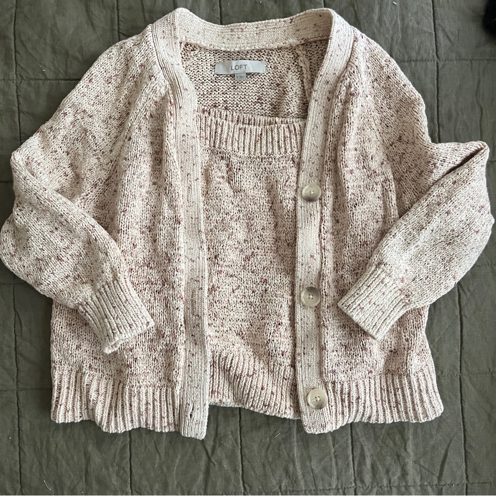 LOFT Balletcore Crochet Knit Ballet Pink Twinset, Cardigan/Matching Knit Tank